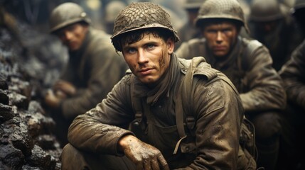 Intensely realistic portrayal of a young soldier with a contemplative expression during a break in wartime combat