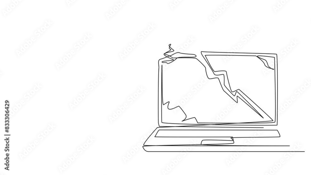 Poster animation of single continuous line drawing smart robotic preparing to hit big laptop. rampage. dest