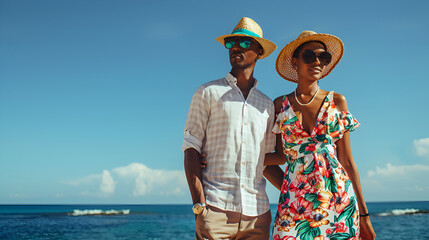 A man and woman dressed in floral summer clothes stand confidently by a beach with clear blue sky