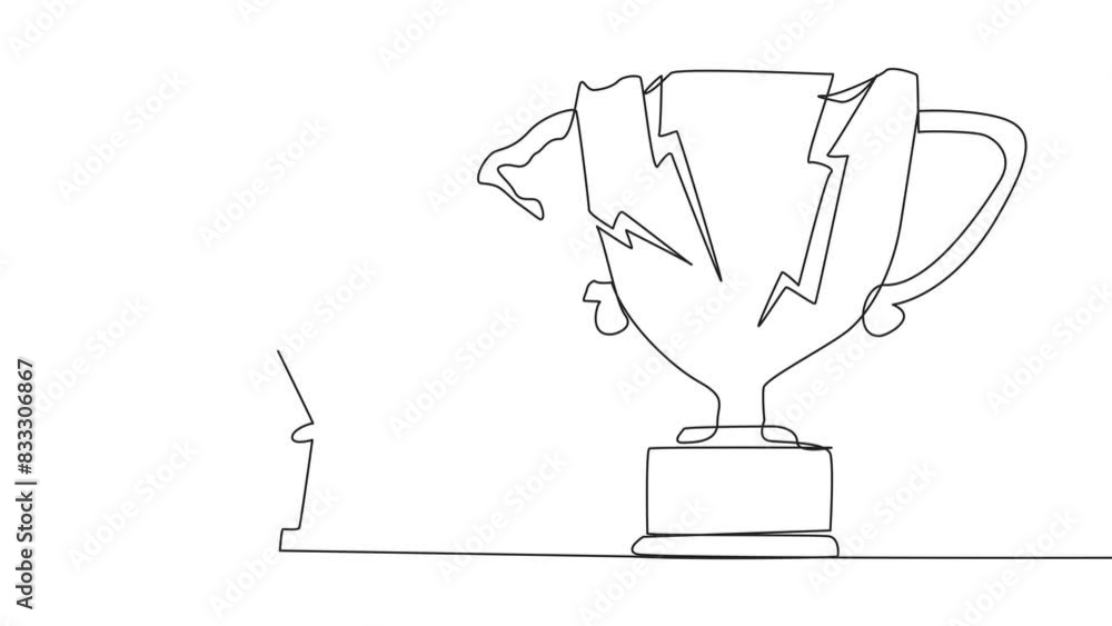 Poster animated self drawing of single one line drawing smart robot preparing to hit the big trophy. rampag