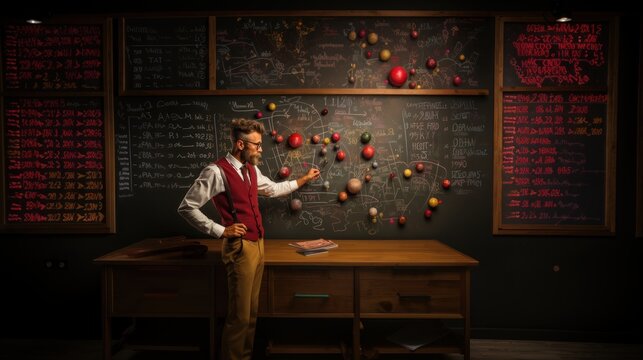A confident man with facial hair explains the solar system with a model in front of a chalkboard filled with equations - Powered by Adobe