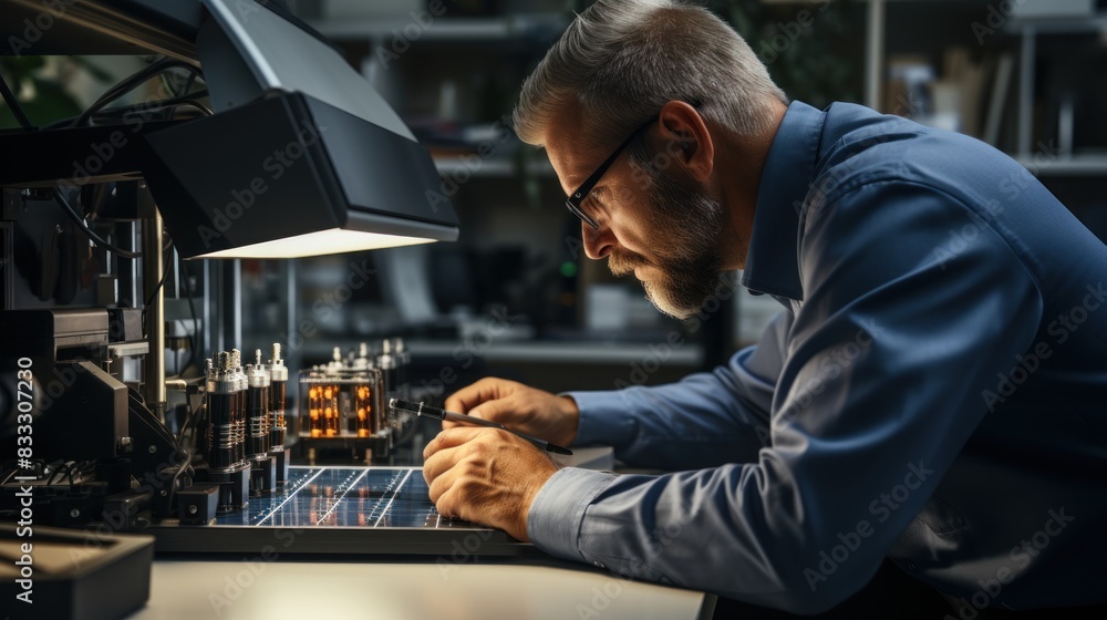 Poster focused engineer examining a sophisticated electronic device in a lab