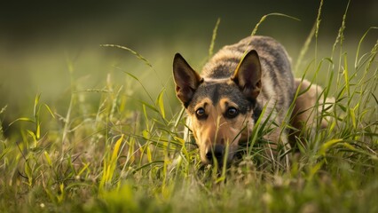 A dog is sniffing the grass in a field, AI