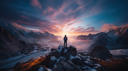 An adventurer stands upon a rocky peak taking in the breathtaking morning views of the mountainous landscape - Powered by Adobe