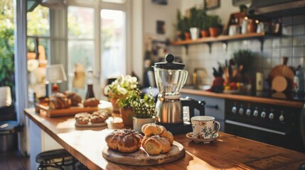 Cozy kitchen interior with pastries, flowers, and kitchen appliances on a wooden countertop, bathed in warm natural light.