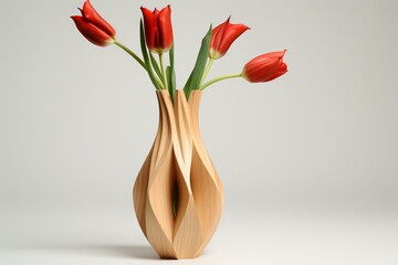 Polished Tulip flower vase wooden. House beauty. Generate Ai