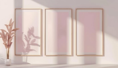 3 vertical wooden frames mockup on wall, white and pink background