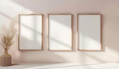 Fototapeta premium 3 vertical wooden frames mockup on wall, white and pink background