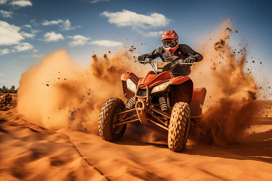 Portrait of sportsman riding fast atv vehicle in desert sand dune. Generative AI