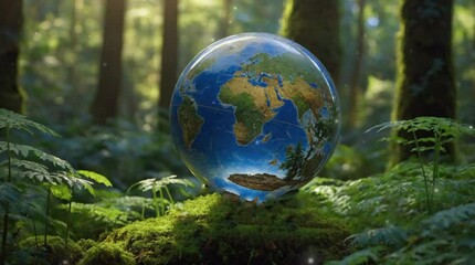 World environment and earth day concept with glass globe and eco friendly environment in forest background