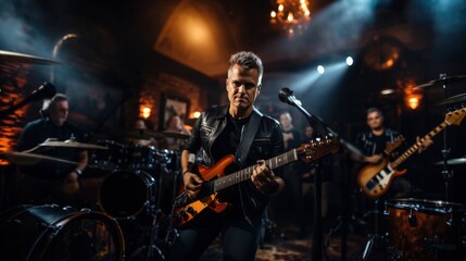 Musician in leather jacket performs with guitar in front of a band on a dimly lit stage