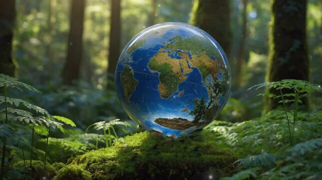 World environment and earth day concept with glass globe and eco friendly environment in forest background