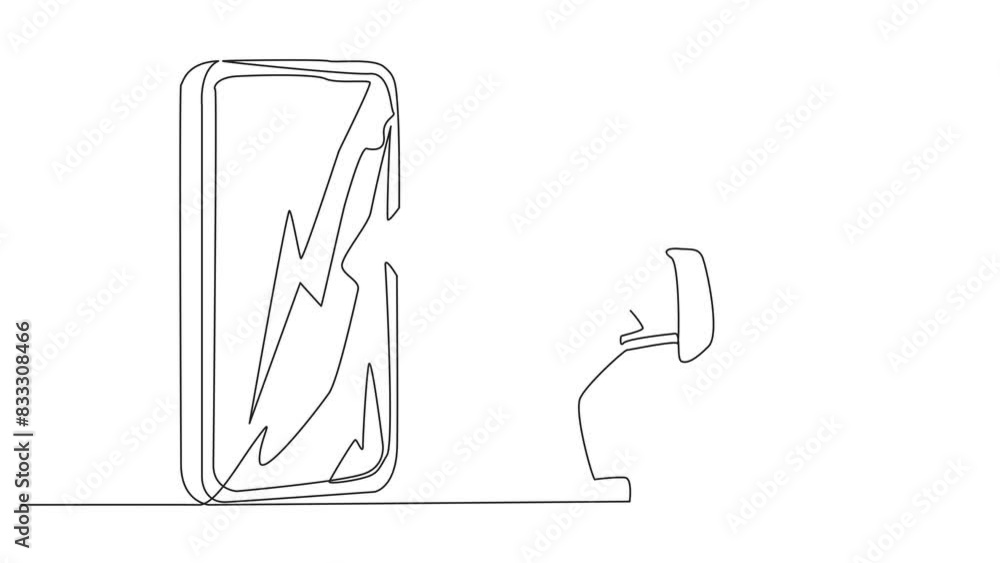 Poster self drawing animation of continuous one line drawing young astronaut preparing to hit big smartphon
