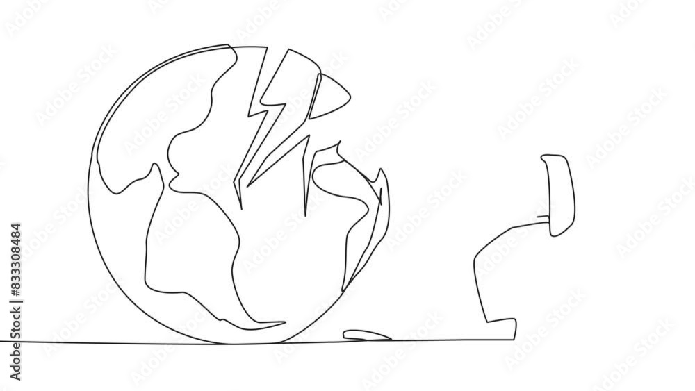 Poster animation of continuous one line drawing astronaut preparing to hit the big globe. disappointed with