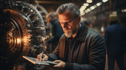 A mature man in a coat signs off on paperwork, surrounded by industrial equipment, in a factory setting