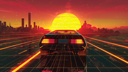 Artistic, aesthetic 90s car on neon laser gridlines driving towards sunset horizon. 3D 80s retro wave, futuristic, clear, simple, beautiful, isolated, futurism, background, template