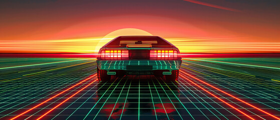 Artistic, aesthetic 90s car on neon laser gridlines driving towards sunset horizon. 3D 80s retro wave, futuristic, clear, simple, beautiful, isolated, futurism, background, template