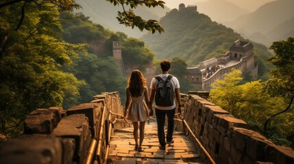 A romantic couple holding hands while walking on the ancient Great Wall of China, surrounded by lush greenery - Powered by Adobe
