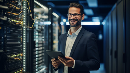 Handsome smiling IT specialist with digital tablet at data center. Generative AI