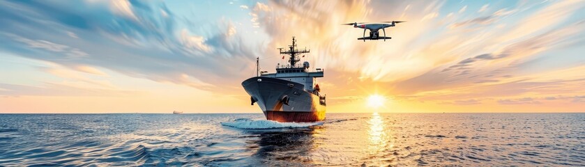 Obraz premium Imagine a global trade hub with autonomous ships and drones transporting goods