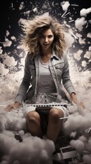 A dynamic woman holds a keyboard amidst a whirlwind of paper, evoking a sense of musical creativity