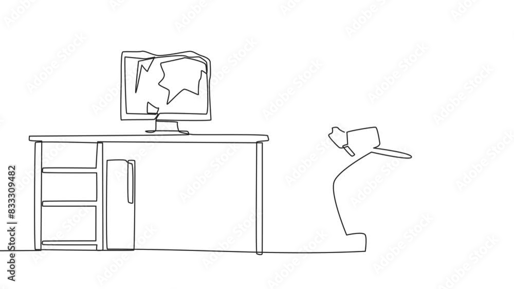 Poster animated self drawing of single continuous line drawing young astronaut preparing to hit computer mo