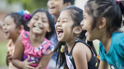 Fototapeta premium A group of joyful children laughing together outdoors, showing the essence of happiness, friendship, and playtime.