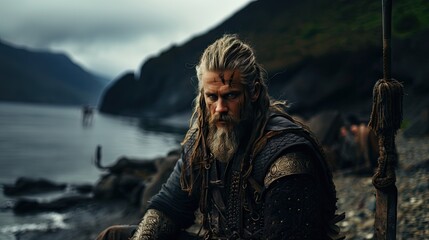 Naklejka premium A dramatic portrait of a bearded warrior with a staff standing by a mountain lake with hills in the background