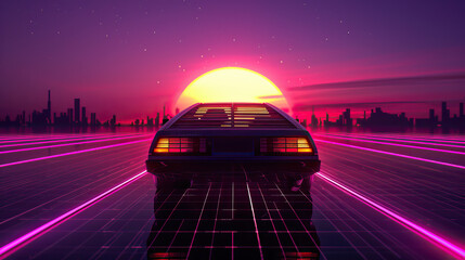 Artistic, aesthetic 90s car on neon laser gridlines driving towards sunset horizon. 3D 80s retro wave, futuristic, clear, simple, beautiful, isolated, futurism, background, template, pink city