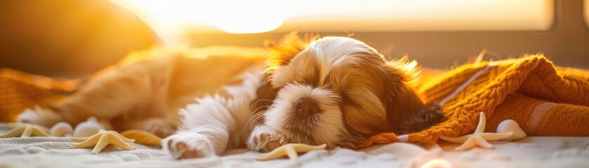 Adorable puppy sleeping on a bed with a cozy blanket, bathed in warm sunlight during a peaceful morning.