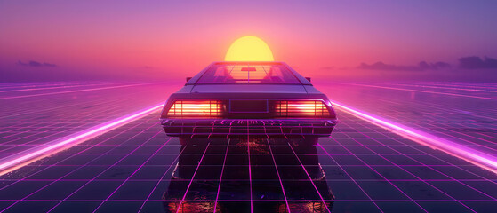 Artistic, aesthetic 90s car on neon laser gridlines driving towards sunset horizon. 3D 80s retro wave, futuristic, clear, simple, beautiful, isolated, futurism, background, template