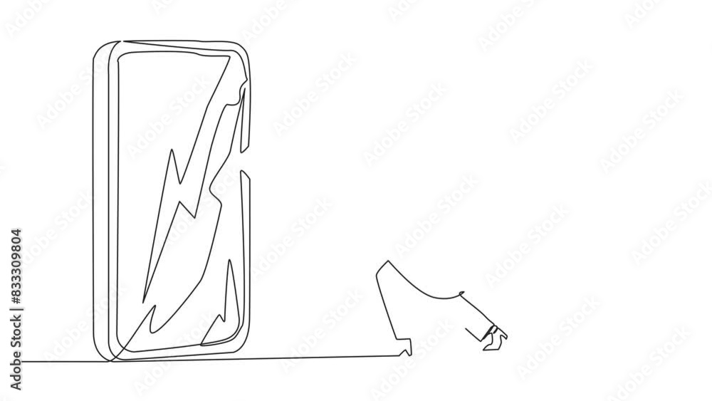 Poster animation of single continuous line drawing arabian businesswoman preparing to hit big smartphone. t
