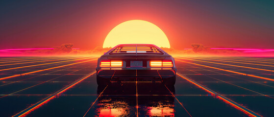 Artistic, aesthetic 90s car on neon laser gridlines driving towards sunset horizon. 3D 80s retro wave, futuristic, clear, simple, beautiful, isolated, futurism, background, template, mirrored floor