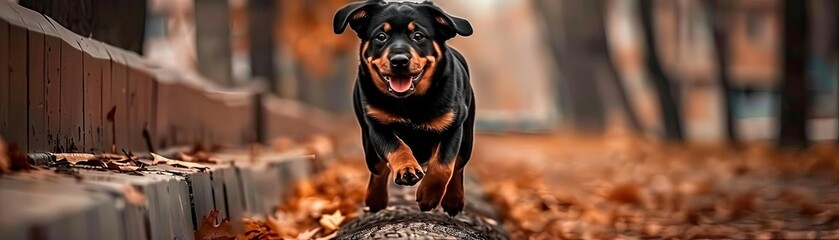 Obraz premium Adorable puppy running through autumn leaves in a park, showcasing the joy and energy of a playful young dog in a natural setting.