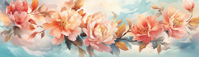 Paint an abstract floral scene with loose, flowing forms and a harmonious blend of pastel...