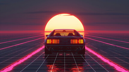 Artistic, aesthetic 90s car on neon laser gridlines driving towards sunset horizon. 3D 80s retro wave, futuristic, clear, simple, beautiful, isolated, futurism, background, template, mirrored floor