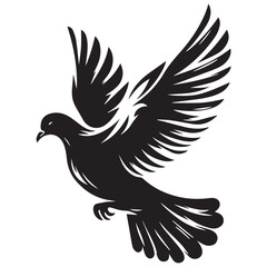Obraz premium Dove silhouette - flying bird isolated on a white background. Pigeon with wings black sign. Flat design simple style vector illustration.