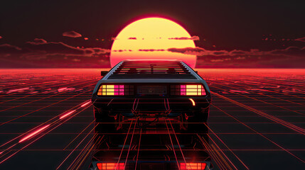 Artistic, aesthetic 90s car on neon laser gridlines driving towards sunset horizon. 3D 80s retro wave, futuristic, clear, simple, beautiful, isolated, futurism, background, template, clouds