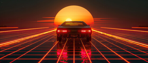 Artistic, aesthetic 90s car on neon laser gridlines driving towards sunset horizon. 3D 80s retro wave, futuristic, clear, simple, beautiful, isolated, futurism, background, template, mirrored floor