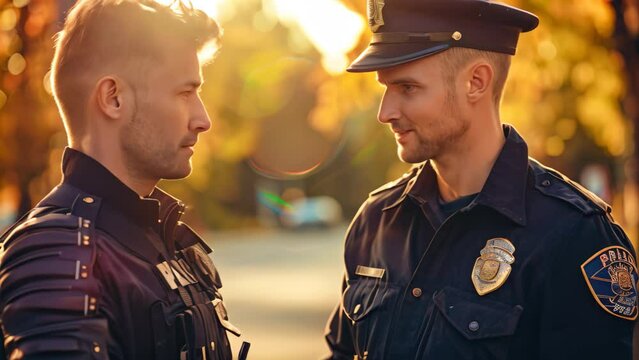 Two police officers, one mentoring a new recruit, standing side by side, A police officer mentoring a new recruit