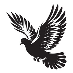 Obraz premium Dove silhouette - flying bird isolated on a white background. Pigeon with wings black sign. Flat design simple style vector illustration.