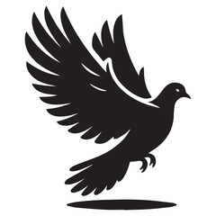 Obraz premium Dove silhouette - flying bird isolated on a white background. Pigeon with wings black sign. Flat design simple style vector illustration.