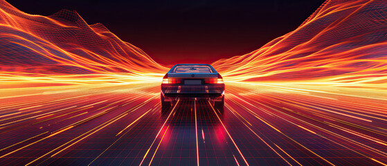Artistic, aesthetic 90s car on neon laser gridlines driving towards sunset horizon. 3D 80s retro wave, futuristic, clear, simple, beautiful, isolated, futurism, background, template, motion blur, fast