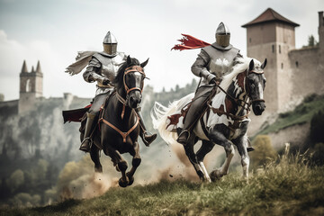 Two knights riding horses galloping against castle. Generative AI