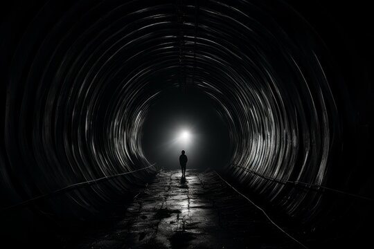 Shadowy Tunnel man dark light. Freedom concept. Generate Ai