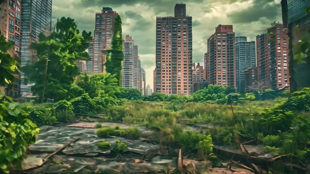 Tall buildings stand amidst graffiti-covered ground in a dystopian cityscape, A post-apocalyptic city skyline, with crumbling buildings and overgrown vegetation reclaiming the urban landscape