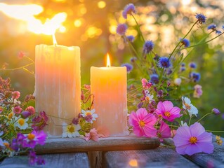 Two lit candles surrounded by vibrant wildflowers on a wooden surface, with a golden sunset in the background