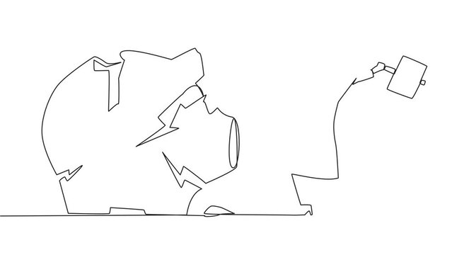 Animated self drawing of single continuous line drawing Arabian businesswoman preparing to hit big piggy bank. Running out of capital. Unprofitable business. Full length single line animation