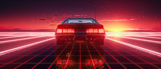 Artistic, aesthetic 90s car on neon laser gridlines driving towards sunset horizon. 3D 80s retro wave, futuristic, clear, simple, beautiful, isolated, futurism, background, template