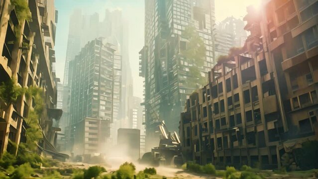 A city covered in grime and debris, filled with numerous towering buildings in disrepair, A post-apocalyptic wasteland with crumbling buildings and overgrown foliage